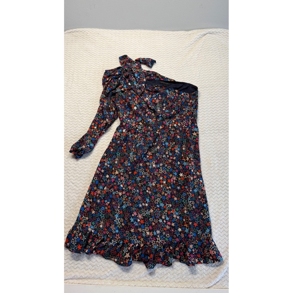 J.Crew Womens One Shoulder Star Print Ruffle Hem Dress Navy Multi Size 4